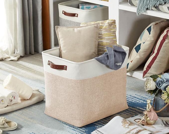 DECOMOMO Extra Large Storage Baskets, 54.5L Fabric Storage Bins 3 Pack | XXXL Storage Baskets for Shelves, Linen Closet Organizers (Beige & White, 17" x 13" x 15")