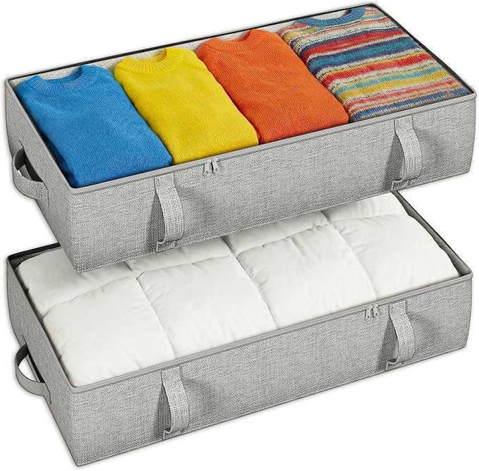TidyCorner 2-Pack Under Bed Storage Containers, 8 Inches Tall Underbed Clothes Storage Organizer Bin with Sturdy Sidewalls/Bottom, Under the Bed Storage Bags 2 Storage Bins, Light Grey