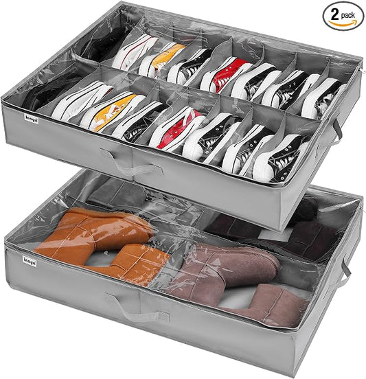 Under Bed Shoe Storage Organizer Set of 2, Fits 16+4 Pairs Boots Total, Underbed Shoe Box Storage Containers w/ Reinforced Handles, Clear Foldable Shoes Organizer Adjustable Dividers w/ Bottom Support