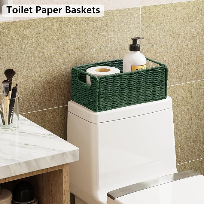 Vagusicc Wicker Storage Basket, Set of 2 Hand-Woven Paper Rope Wicker Basket, Small Storage Baskets for Organizing Toilet Paper, Foldable Small Cube Organizer Bins for Shelves and Bathroom (Green)