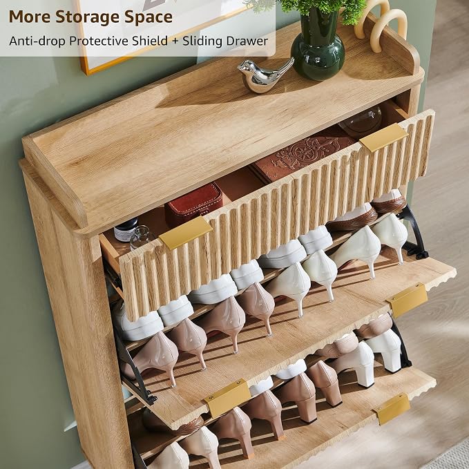 T4TREAM 48" Fluted Shoe Cabinet with Flip Drawers & Top Drawer, Natural Oak | Narrow Shoe Organizer, Curved Profile Design, Wooden Shoe Rack for Entryway, Hallway