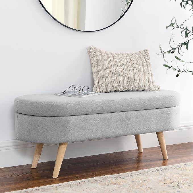 43.5" Ottoman with Storage, Storage Ottoman Bench with Safety Hinge, Linen End of Bed Bench, Upholstered Entryway Bench for Bedroom, Living Room & Window, Holds up to 330 lb, Grey