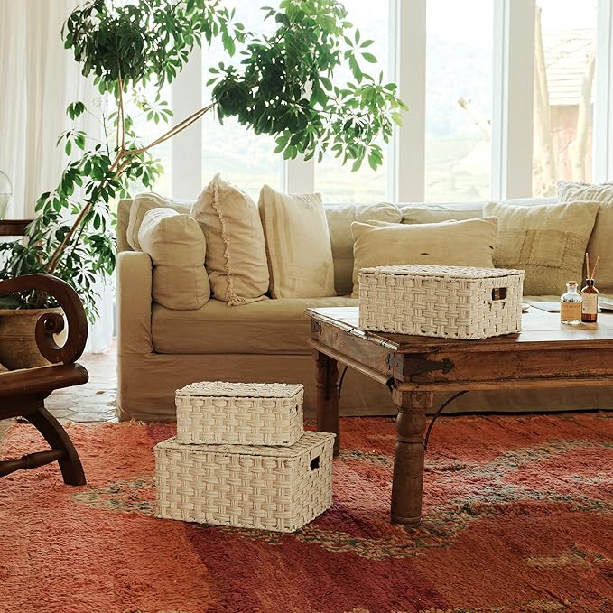 Granny Says Wicker Baskets With Lids, Woven Storage Basket With Lid | Woven Baskets With Lids, Wicker Baskets For Storage, Decorative Storage Boxes, Woven Stackable Basket with Lid for Organizing