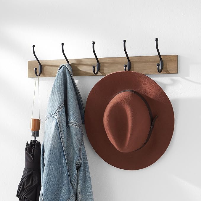 Amazon Basics Rectangular Farmhouse Wall-Mounted Coat Rack for Entryway and Bedroom, Storage Organizer, 5 Hooks, Barnwood | Farmhouse