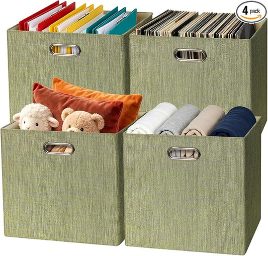 Posprica Storage Cubes, 13 x 13 x 13 Inches Fabric Bins with Double Handles | Cubes Basket Containers, For Shelf Cabinet Bookcase, Closet Organizers for Shelves, Foldable, Yellow/Brown Mixed, Set of 4