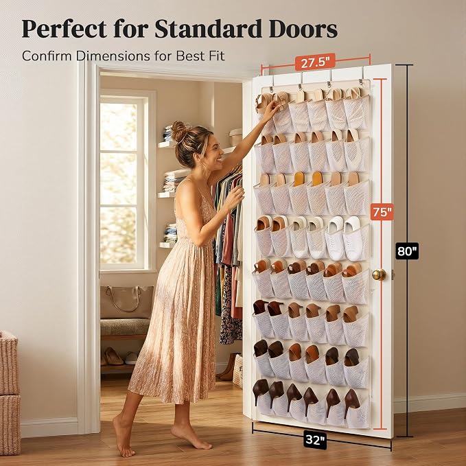 48 Pockets Over the Door Shoe Organizer, Large Mesh Hanging Shoe Rack, 6-Column Heavy Duty Shoe Storage for Sneakers and Heels, Behind Door Holder for Entryway Bedroom Dorm College, Beige
