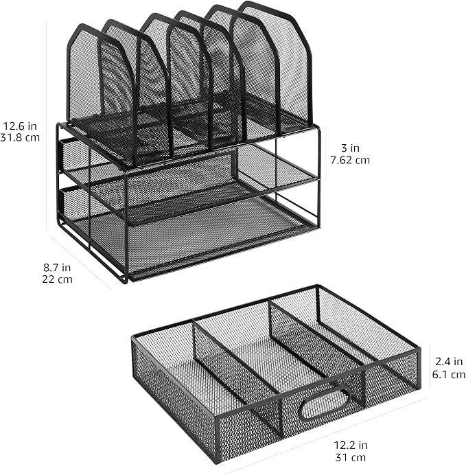 Amazon Basics Mesh Desk Organizer with Sliding Drawer, Double Tray and 5 Upright Sections, File Holder for Office Supplies, Paper Letter Tray, Black