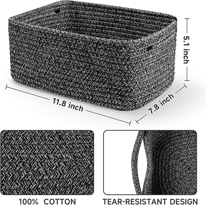 3-Pack Shelf Baskets for Organizing, Closet Organizer Bins, Small Woven Baskets, Rope Toy Basket, Storage Basket for Shelves, Cube Decorative Box, 11.8×7.8×5.1”, Mixed Black