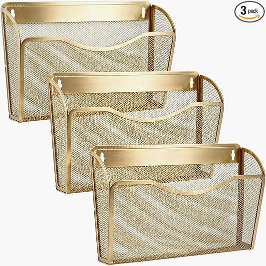 Gawerk Mesh Hanging Wall File Holders, Metal Vertical Wall Basket Mail Organizer for Office/Home (Gold, 3 Pack Wall Mounted)
