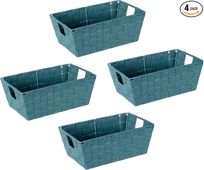 Simplify Small Shelf Woven Strap Tote | Decorative Storage Basket | Built in Handles | Organization | Closet | Bedroom | Bathroom | Nursery | Accessories | Toys | Gifts | 4 Pack | Sapphire