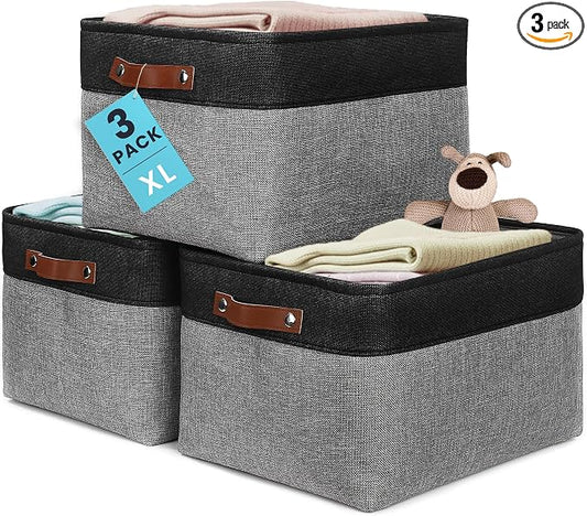 OrganiHaus 16x12.5in Storage Baskets, 3 Pack - Fabric Bins for Shelves | Vegan leather handles; a decorative linen closet organizer, towel and clothes container