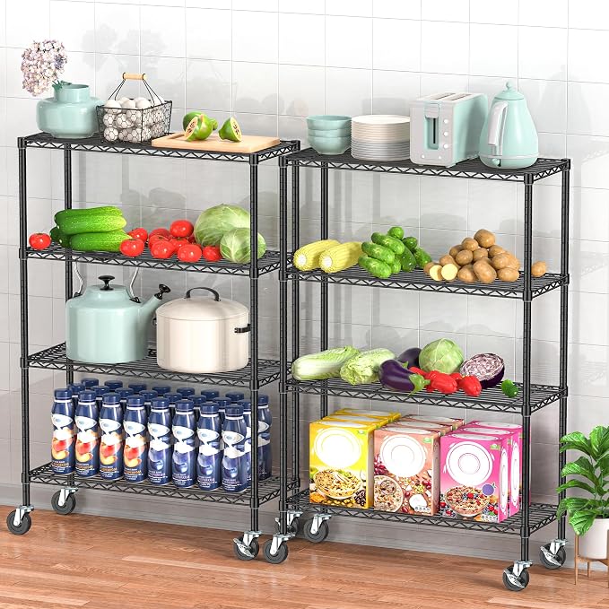 Folews 4-Tier Shelving Unit with Wheels, Metal Rolling Storage Shelves | NSF Certified, Adjustable Layer, Steel Wire Shelving Rack for Kitchen Garage Pantry Home Office, Black (14D x 36W x 57H)