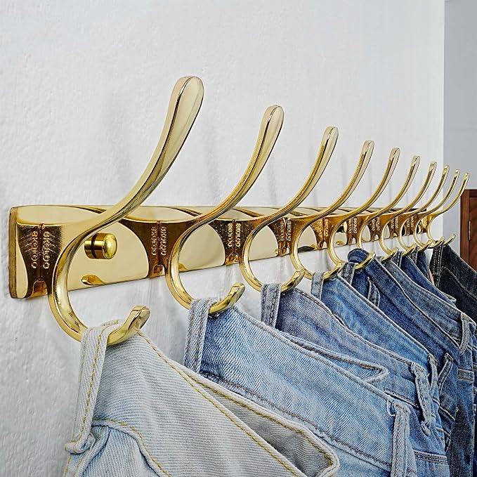 SKOLOO Coat Rack Wall Mounted - 10 Hooks, Pack of 2, Heavy Duty, Stainless Steel, Metal Wall Hangers, Sturdy Coat Hooks for Hanging Coats, Jacket, Clothes, Hat, Bright Gold
