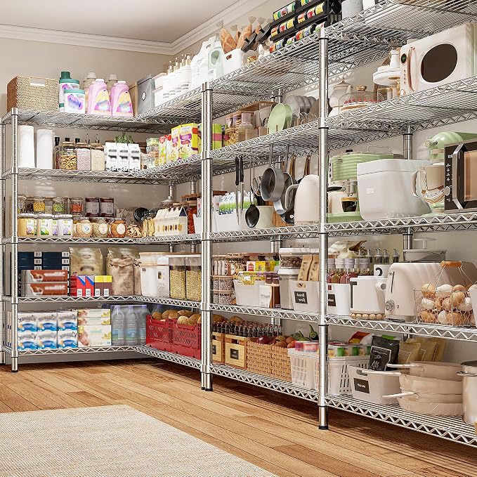 REIBII Chrome Metal Shelving, 70" W & 1500LBS Heavy Duty for Kitchen | L/H Shaped Shelves, Adjustable Metal Shelves, 5 Tier Freestanding, Anti-Tipping Device, Moisture Resistant, Leveling feet