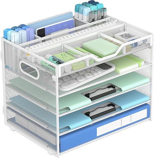 Docnest 5 Tier Mesh Desk Organizer with Removable Tray&Pen Holder, White | Features 3 detachable pen holders and 4 removable dividers.Versatile mesh desktop storage for mail, document,office supplie