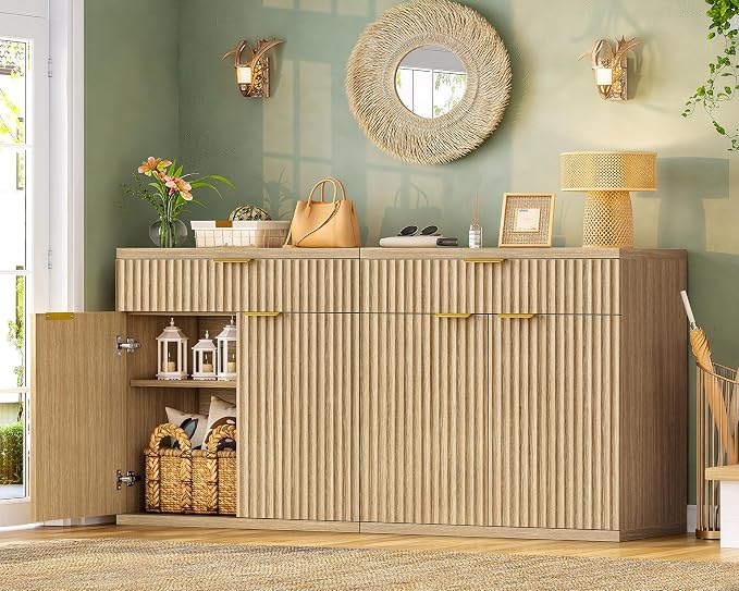 31.5" W Fluted Buffet Cabinet with Storage, Sideboard Cabinet, Coffee Bar Cabinet with 2 Doors and Adjustable Shelf for Living Room, Kitchen, Entryway, Natural