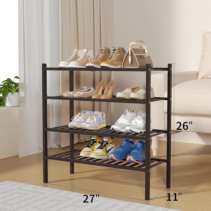 ROMGUAR CRAFT 4 Tier Bamboo Shoe Rack for Closet Free Standing Wood Shoe Shelf for Entryway Small Space Stackable 27"x11"x26" (Brown)