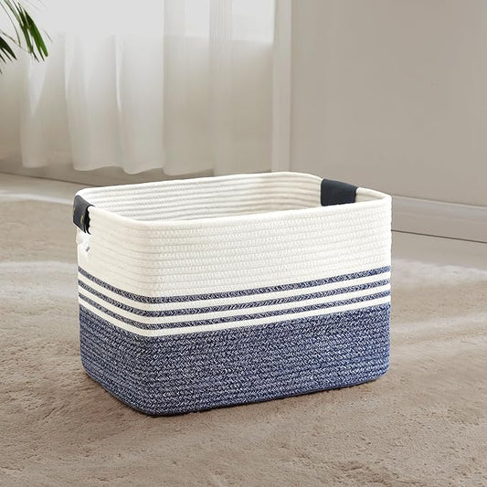45L Woven Laundry Basket Hamper with Leather Handles,Denim Blue | collapsible wicker hamper, storage for dirty clothes, toys, blankets, gifts, living room, bedroom, bathroom, 18"x14"x11"