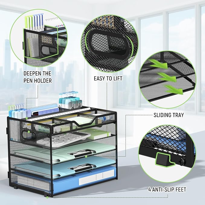 Docnest 5 Tier Mesh Desk Organizer with Removable Tray&Pen Holder, Black | Features 3 detachable pen holders and 4 removable dividers.Versatile mesh desktop storage for mail, document,office supplie