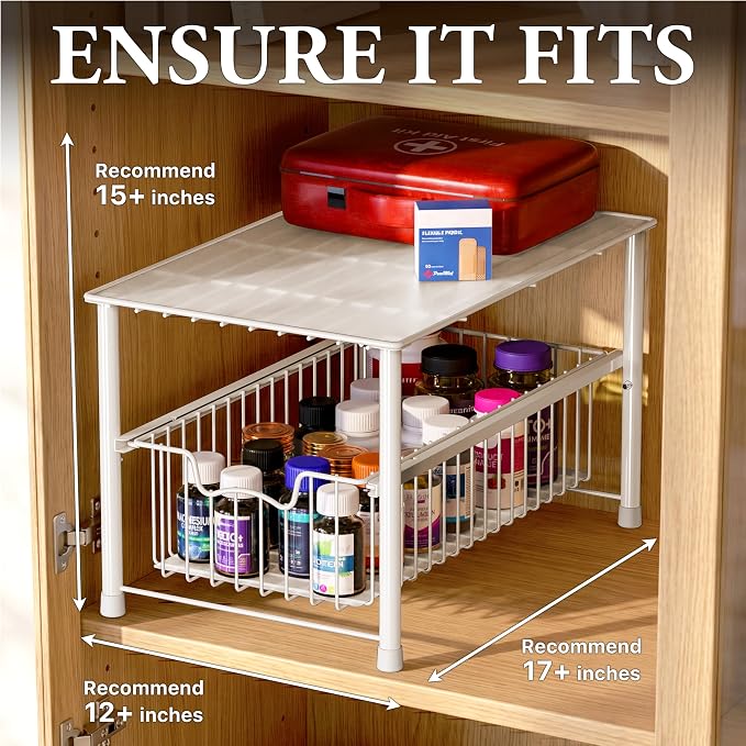 Simple Houseware Wired Stackable Under Sink Cabinet Sliding Basket, White | Free Standing Organizer Drawer, Kitchen/Pantry/Cabinet/Counter