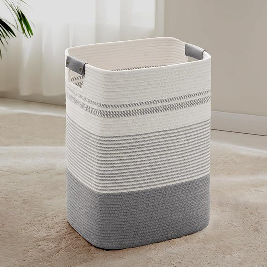 75L Tall Woven Laundry Basket Hamper with Leather Handles,Grey | collapsible wicker hamper, storage for dirty clothes, toys, blankets, gifts, living room, bedroom, bathroom, 16"x13"x22"
