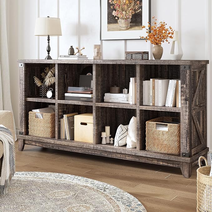 EnHomee Farmhouse 8-Cube Storage Organizer for Living Room, Black Oak | Home Organization Lovers, Wood & Metal, Holds 352 Lbs, Anti-Tip & Stabilizers