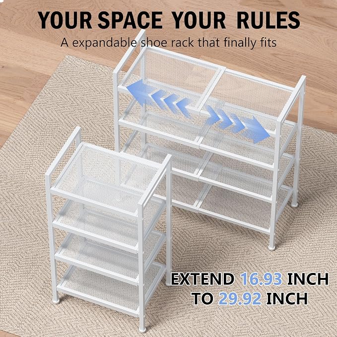Shoe Rack, Expandable Shoe Rack for Closet, Adjustable Shoe Organizer for Entryway, Shoe Storage Organizer for Door Entrance, Garage, Bedroom (White, 4-Tier)