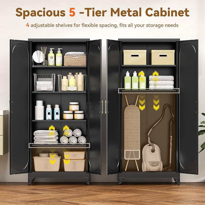 Polup 75" Tall Metal Kitchen Pantry Storage Cabinet with Doors and Shelves | Black Heavy-Duty Steel, 4 Adjustable Shelves & Magnetic Latch, Leveling Feet & Anti-Tip, for Office, Garage, Laundry & Home