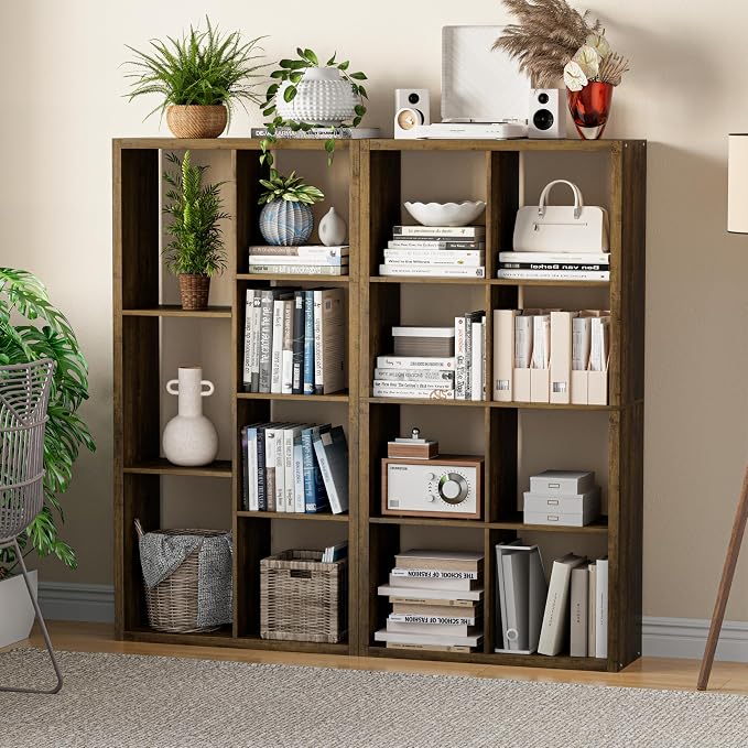 VDNEND Cube Storage Organizer Bookcase, Decorative 11 inch Open Back Cubical Shelf with Thickened Border, Display Bookshelf for Living Room, Home Office, Sturdy Room (Brown, 7 Cube)