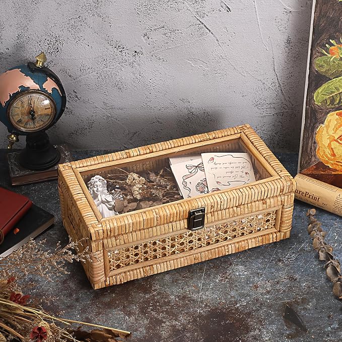 Hipiwe Rattan Decorative Box with Clear Lid and Lock - Woven Wicker Basket | Natural Rectangular Basket Organizer Bin, Vintage Wood and Cane Display Boxes for Shelves Home Storage and Decor