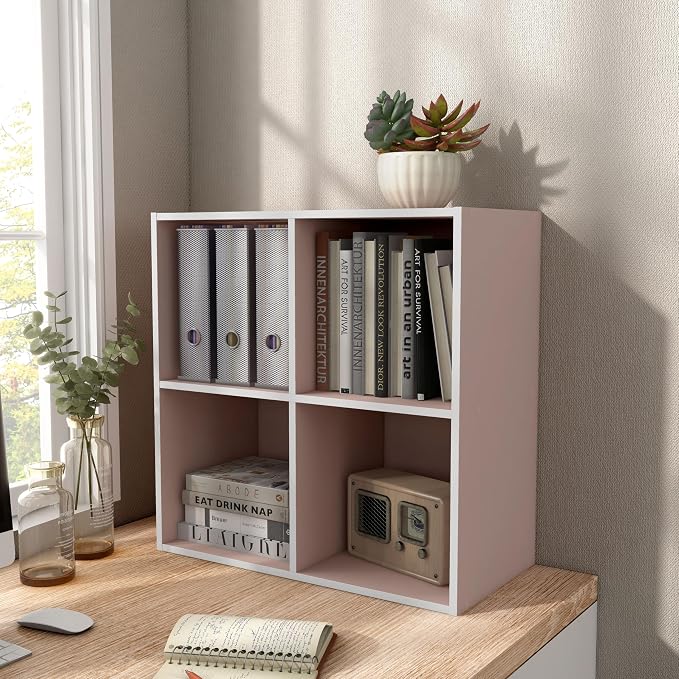 Homes: Inside + Out Apexa 4-Cube Storage Organizer Shelves, Stackable Wood Bookcase Fits Cubby Bins for Organization, Dorm Teen Room Decor & Home Office, Light Pink