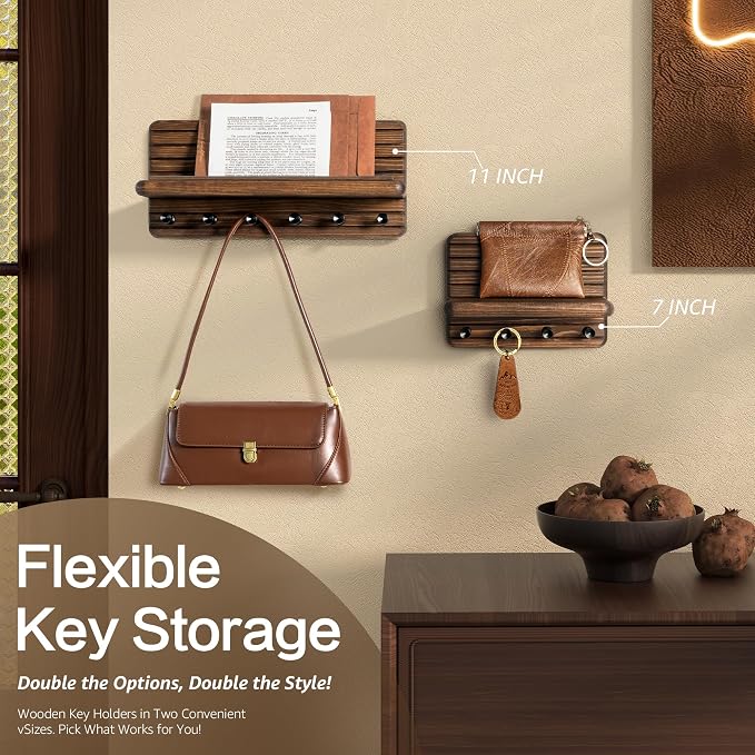 RebeeVision Small Key Holder Wall Mount with 4 Key Hook for Entryway, Brown | 7-Inch, Round Corner, Pine Wood, Small Key Shelf, Compact Storage, Plant Display, Apartment Essential