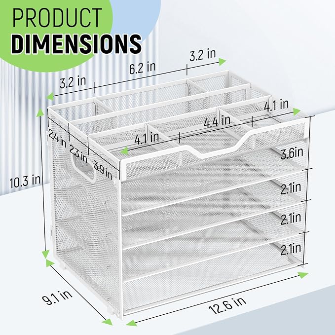 Docnest 5 Tier Mesh Desk Organizer with Removable Tray&Pen Holder, White | Features 3 detachable pen holders and 4 removable dividers.Versatile mesh desktop storage for mail, document,office supplie