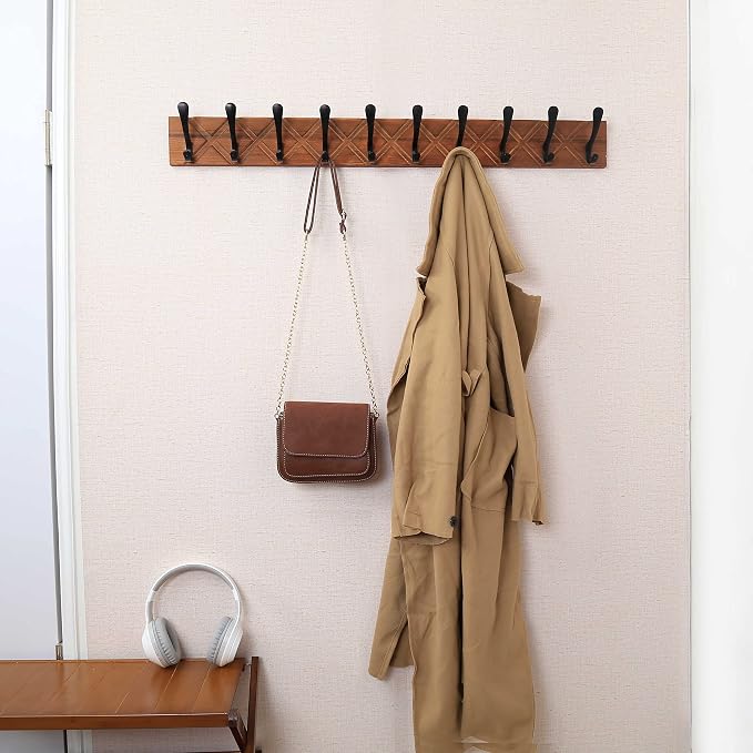 SKOLOO Coat Rack Wall Mount - Antique Wooden Carved- X Cross Coat Hook, Wall Coat Hanger with 10 Hooks for Hanging Coats, Hats, Clothing, Scarfs, Brown & Black