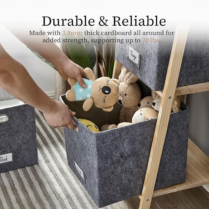 DECOMOMO Felt Storage Bins, 13 inch Cube Storage Bin with Labels | 4 Pack Storage Baskets for Shelves, Kallax (Dark Grey)