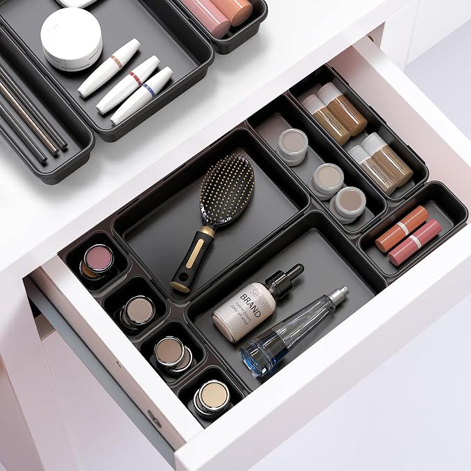 Simple Houseware Interlocking Desk Drawer Bins Organizer, 42 Packs, Black | Great for Makeup Vanity, Bathroom, Office Drawers