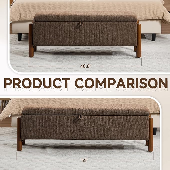 55'' Modern Storage Ottoman Benches | Walnut Wood Legs 26 Gallons Storage Space Fabric Upholstered Seating End of Bed for Bedroom Livingroom Brown