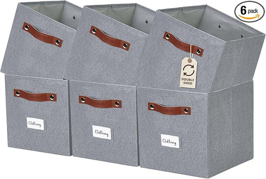 DECOMOMO Storage Bins, Cube Storage Bin with Labels | 10.5" x 11" Fabric Storage Cubes for Shelves (6pcs, Texture Grey)