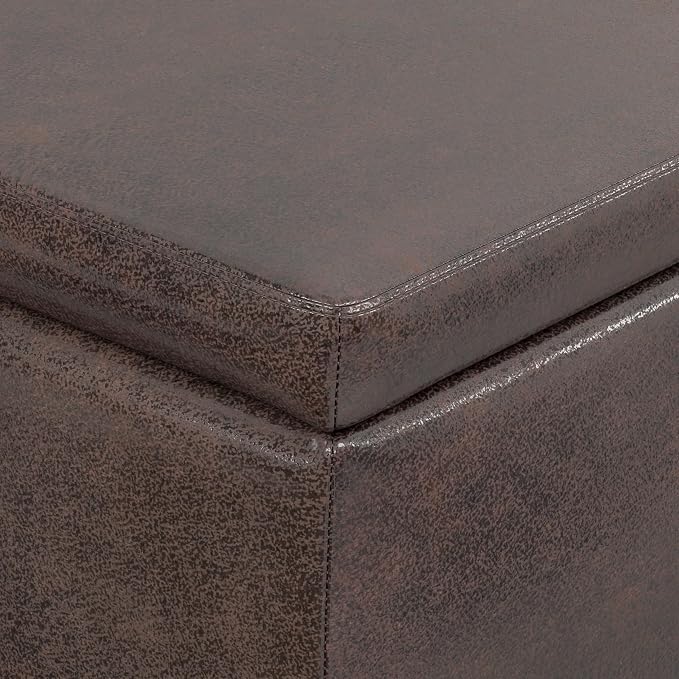 SIMPLIHOME Avalon Storage Ottoman Bench - 48" Wide x 16" High Upholstered Vegan Leather Rectangular Lift-Top Ottoman in Distressed Brown, Contemporary Bench for Living Room with High-Density Foam