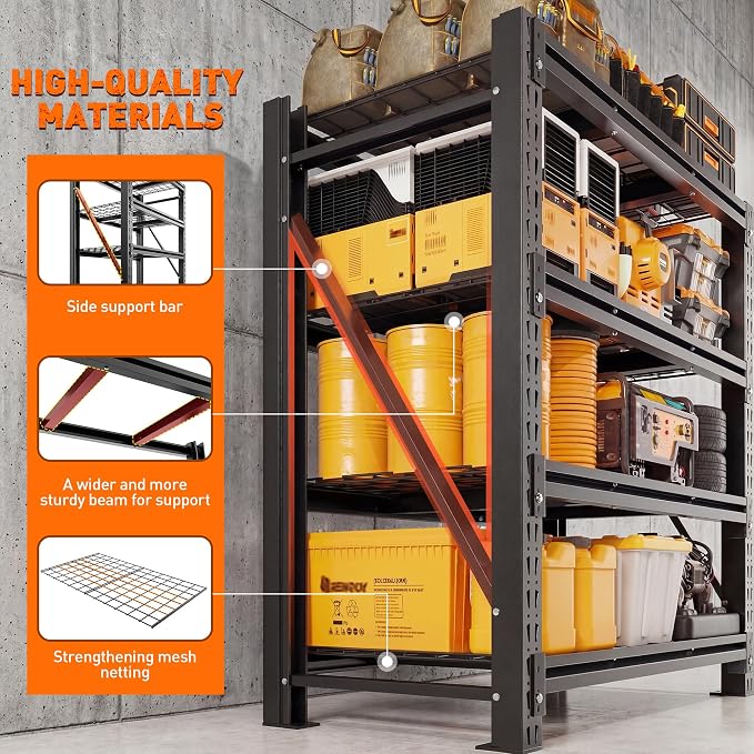 Romorgniz 51.6" W Garage Shelving 3000LBS Heavy Duty Storage Shelves Adjustable Industrial Shelving Large Metal Shelves for Garage Warehouse Basement Shop, 51.6" W x 17.8" D x 72" H, Black, 2PC