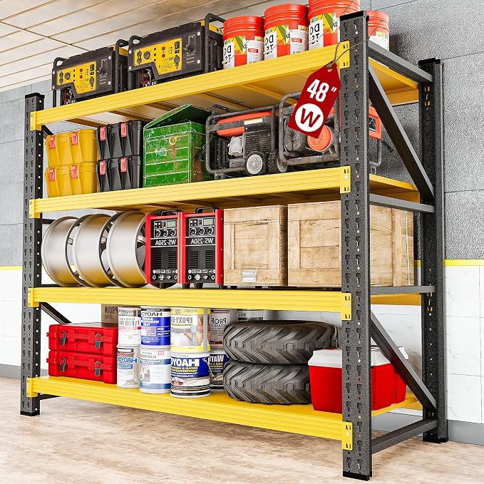 48" Wide Heavy Duty Garage Shelving Units,3000LBS Deep Storage Shelves,Yellow Metal Garage Shelves,Large Storage Rack,Steel Shelf,Industrial Shelving for Shop,Warehouse,Basement,48" W x 24" D x 70" H