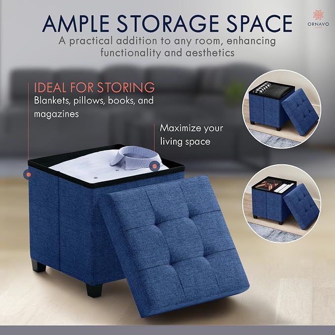 Ornavo Home Square Cube Storage Ottoman with Legs, 15x15x15, Navy Blue | Foot Rest Stool Seat; Holds Up to 600 lbs; Ideal for Living Room, Bedroom, Home Office or Dorm