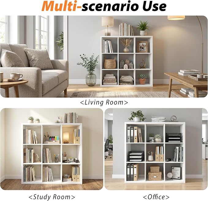 WannabeMyself【2026 Wooden Thick Frame】 9 Cube Storage Organizer with Anti-Tipping Kits, Reversible Open Back Book Shelf,Bookcase for Living Room,Bedroom,Entrance Hall,Office,11.6×36.3×36.3,White