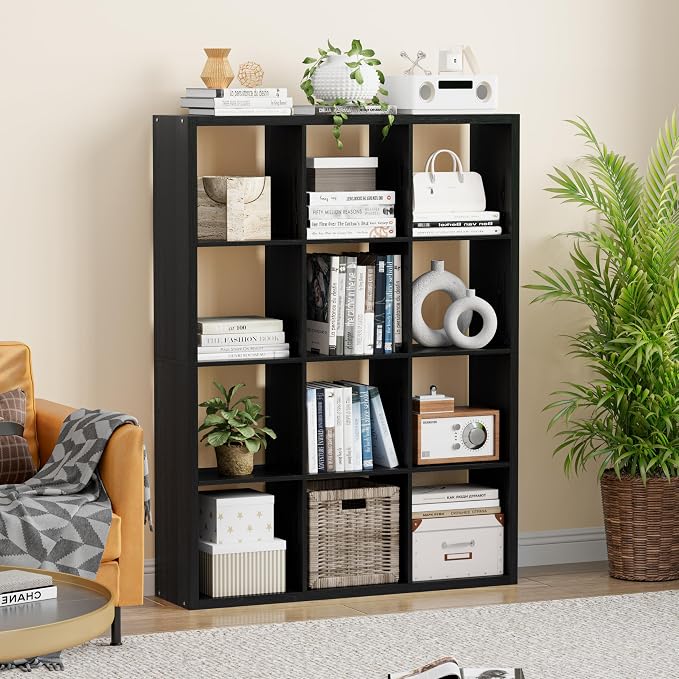 VDNEND Cube Storage Organizer Bookcase, Decorative 11 inch Open Back Cubical Shelf with Thickened Border, Display Bookshelf for Living Room, Home Office, Sturdy Room (Black, 12 Cube)