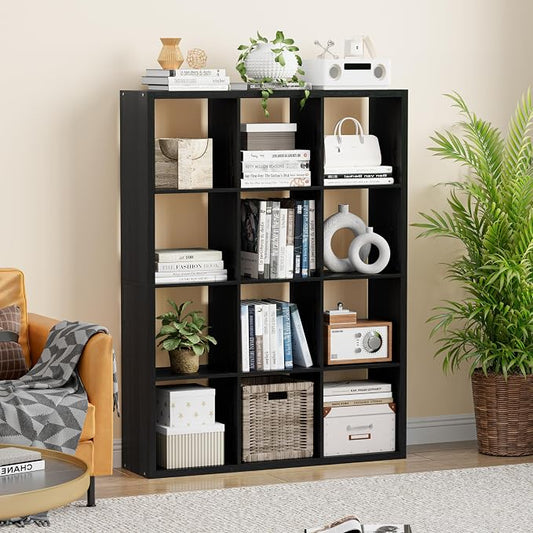 VDNEND Cube Storage Organizer Bookcase, Decorative 11 inch Open Back Cubical Shelf with Thickened Border, Display Bookshelf for Living Room, Home Office, Sturdy Room (Black, 12 Cube)