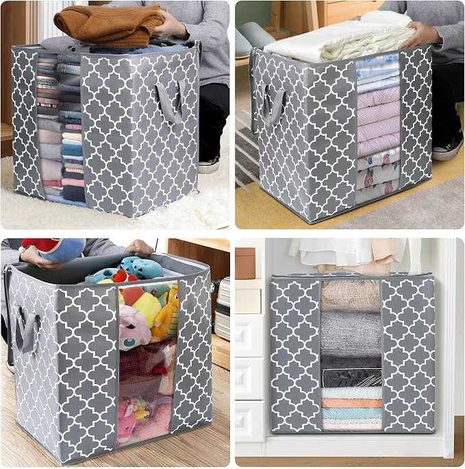 WISELIFE Storage Bags 6 Pack/100L Large Blanket Clothes Organization and Storage Containers for Comforters,Bedding, Foldable Organizer with Reinforced Handle, Clear Window, Sturdy Zippers,Light Gray