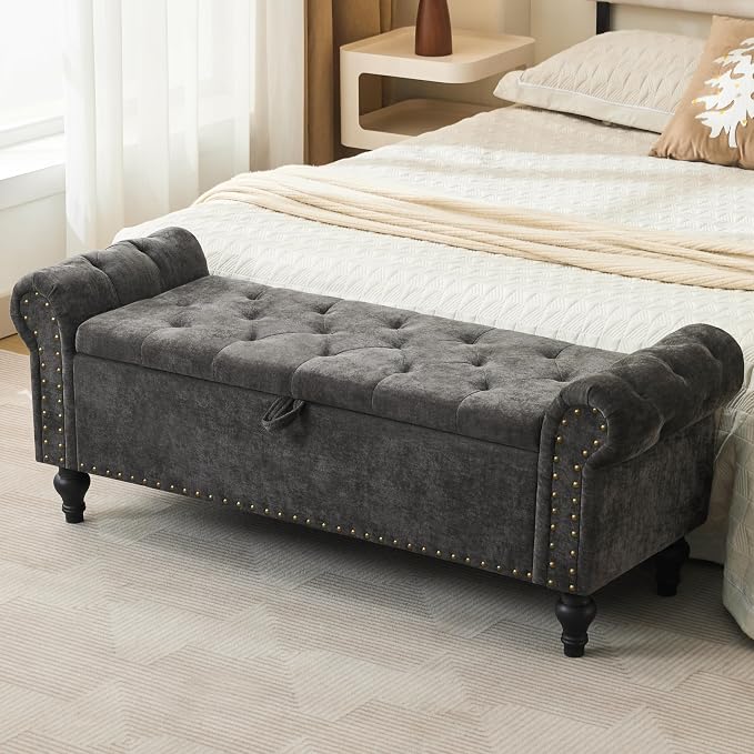 51" Storage Bench for Bedroom, Upholstered Ottoman Bench, Chenille DarkGray | End of Bed Bench for Bedroom, Window Benches for Living Room, Entryway, Ottoman with Large Storage Space, Pet Friendly