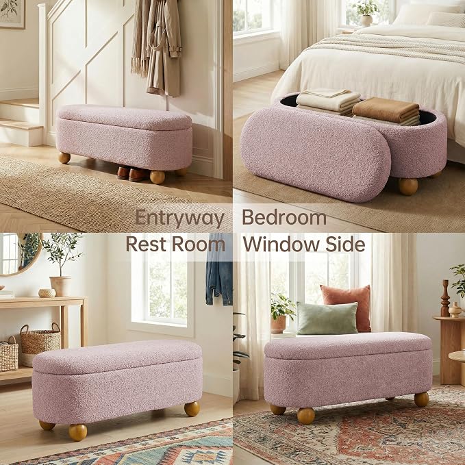 VKNOW 44.8" Storage Ottoman Bench End of Bed Bench with Hinge, Pink | Cute Spherical Solid Wood Stool Legs, Comfortable Fabric, No Assembly, Bedroom Living Room Entryway Dressing Areas