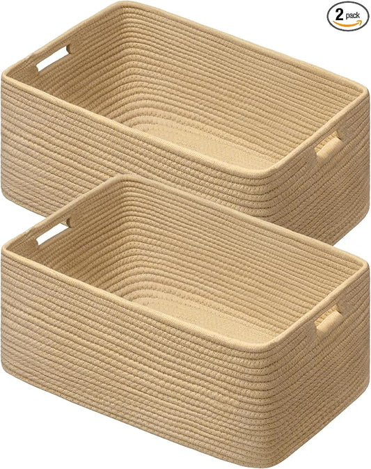 2 Pack Storage Baskets for Organizing, Large Woven Storage Basket, Brown | 17"Lx13"Wx7.5"H, Cotton Rope Basket, Toy Storage, Cube Shelf, Closet Shelf Organizer, Clothes Storage, Home Decor