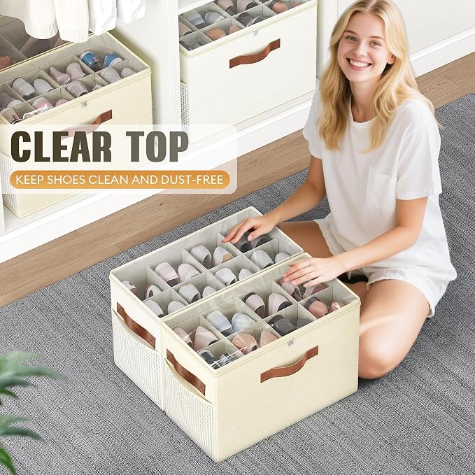 2 Pack Shoe Organizer for Closet, Foldable Shoe Storage with Adjustable | Farbic shoe storage organizer box bin with clear cover, fits up to 16 pairs, shoe storage box for closet, entryway, yellow